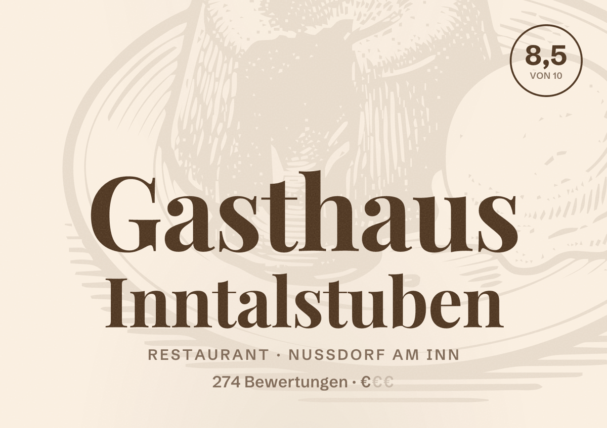 Illustriertes Poster von Gasthaus Inntalstuben, Restaurant in Nußdorf am Inn: Bewertung 8,5 von 10 aus 274 Bewertungen, Preisniveau €