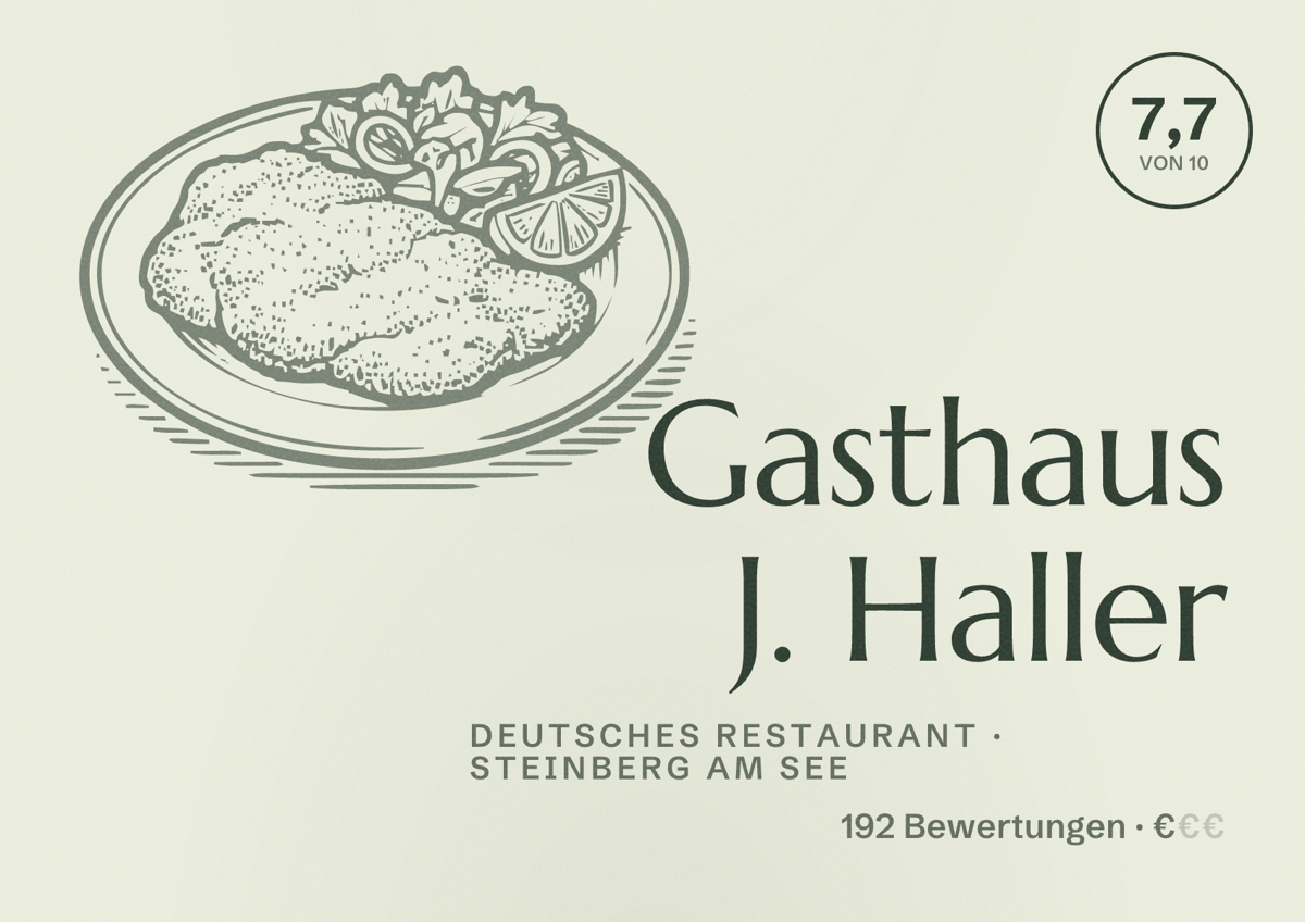 Illustriertes Poster von Gasthaus J. Haller, Deutsches Restaurant in Steinberg am See: Bewertung 7,7 von 10 aus 192 Bewertungen, Preisniveau €