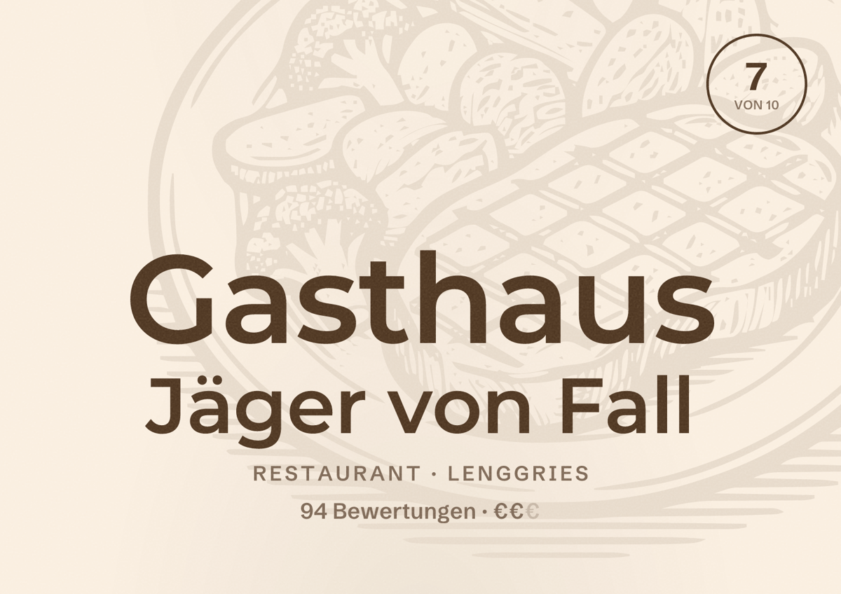 Illustriertes Poster von Gasthaus Jäger von Fall, Restaurant in Lenggries: Bewertung 7 von 10 aus 94 Bewertungen, Preisniveau €€