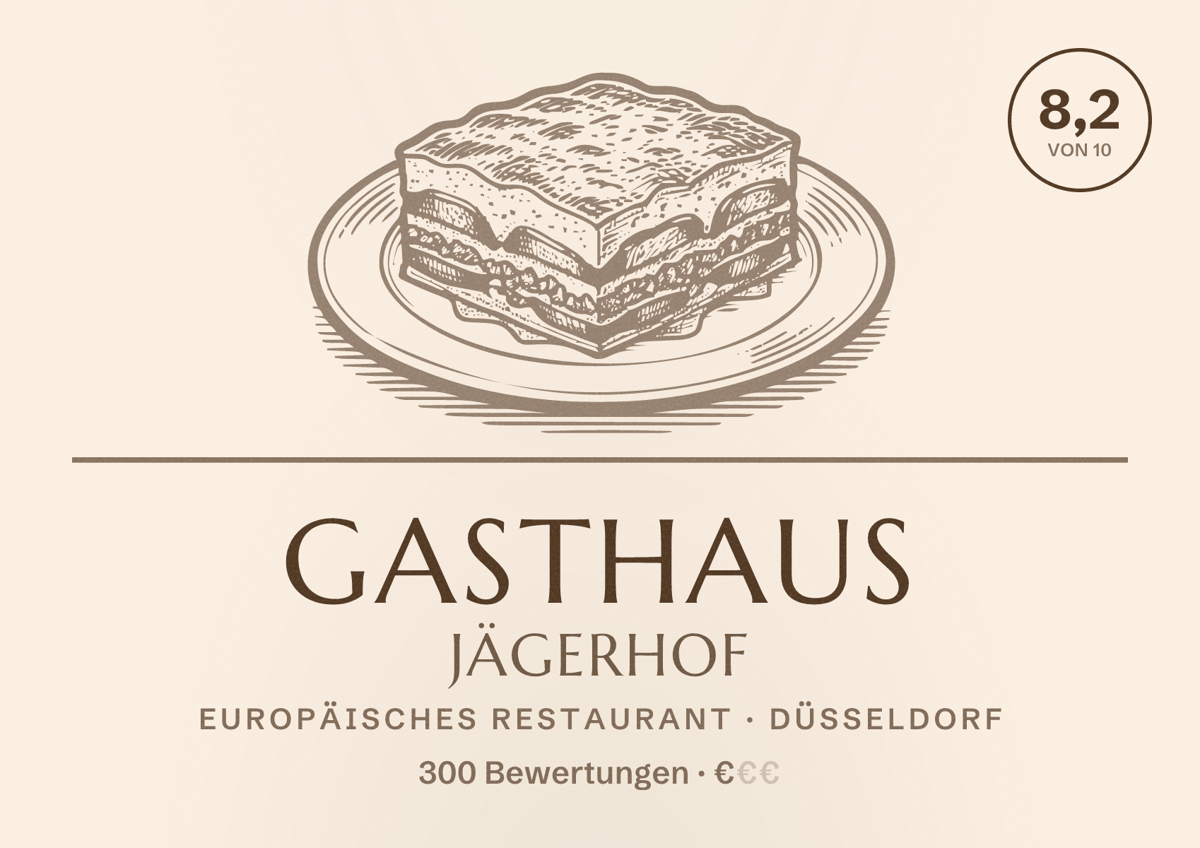 Illustriertes Poster von Gasthaus Jägerhof, Europäisches Restaurant in Düsseldorf: Bewertung 8,2 von 10 aus 300 Bewertungen, Preisniveau €