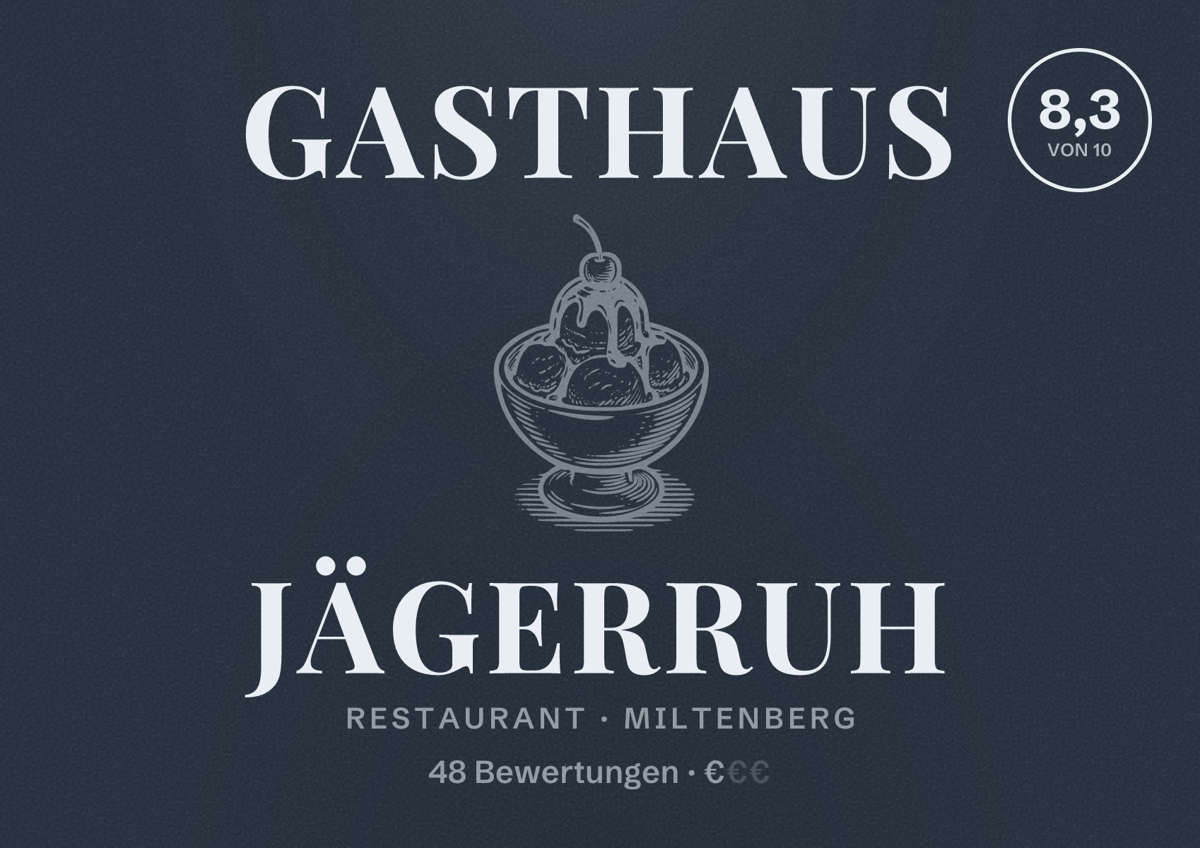 Illustriertes Poster von Gasthaus Jägerruh, Restaurant in Miltenberg: Bewertung 8,3 von 10 aus 48 Bewertungen, Preisniveau €