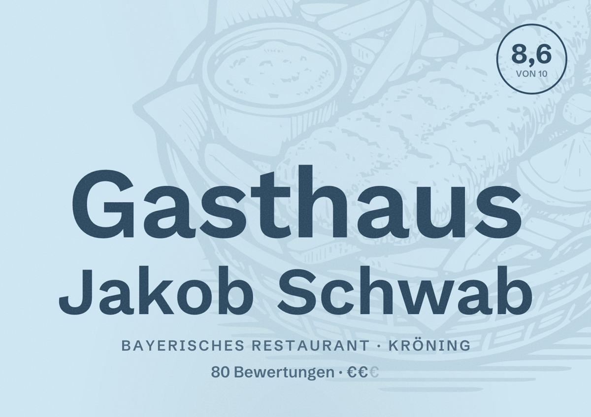Illustriertes Poster von Gasthaus Jakob Schwab, Bayerisches Restaurant in Kröning: Bewertung 8,6 von 10 aus 80 Bewertungen, Preisniveau €€