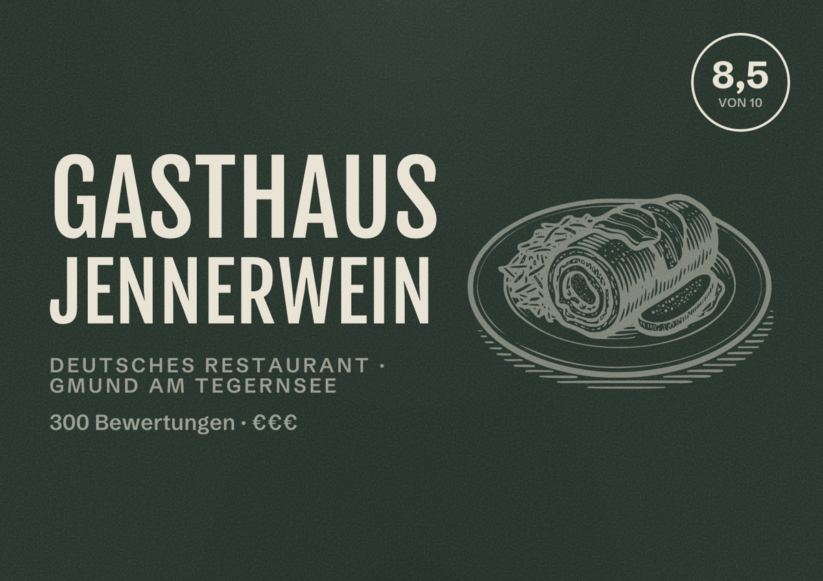 Illustriertes Poster von Gasthaus Jennerwein, Deutsches Restaurant in Gmund am Tegernsee: Bewertung 8,5 von 10 aus 300 Bewertungen, Preisniveau €€€