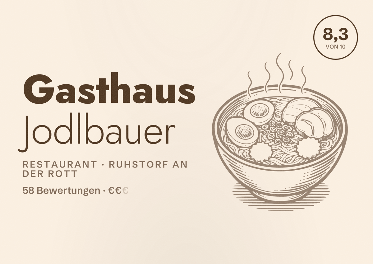Illustriertes Poster von Gasthaus Jodlbauer, Restaurant in Ruhstorf an der Rott: Bewertung 8,3 von 10 aus 58 Bewertungen, Preisniveau €€