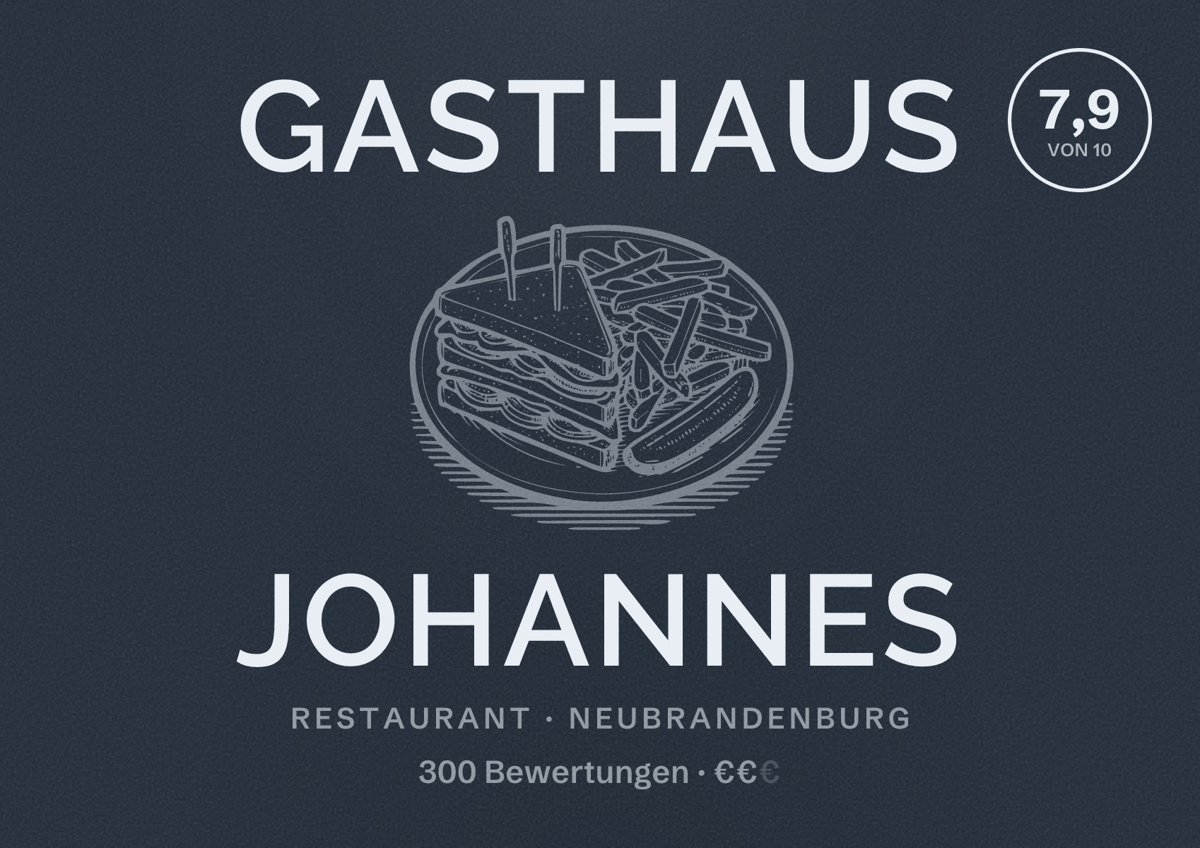 Illustriertes Poster von Gasthaus Johannes, Restaurant in Neubrandenburg: Bewertung 7,9 von 10 aus 300 Bewertungen, Preisniveau €€