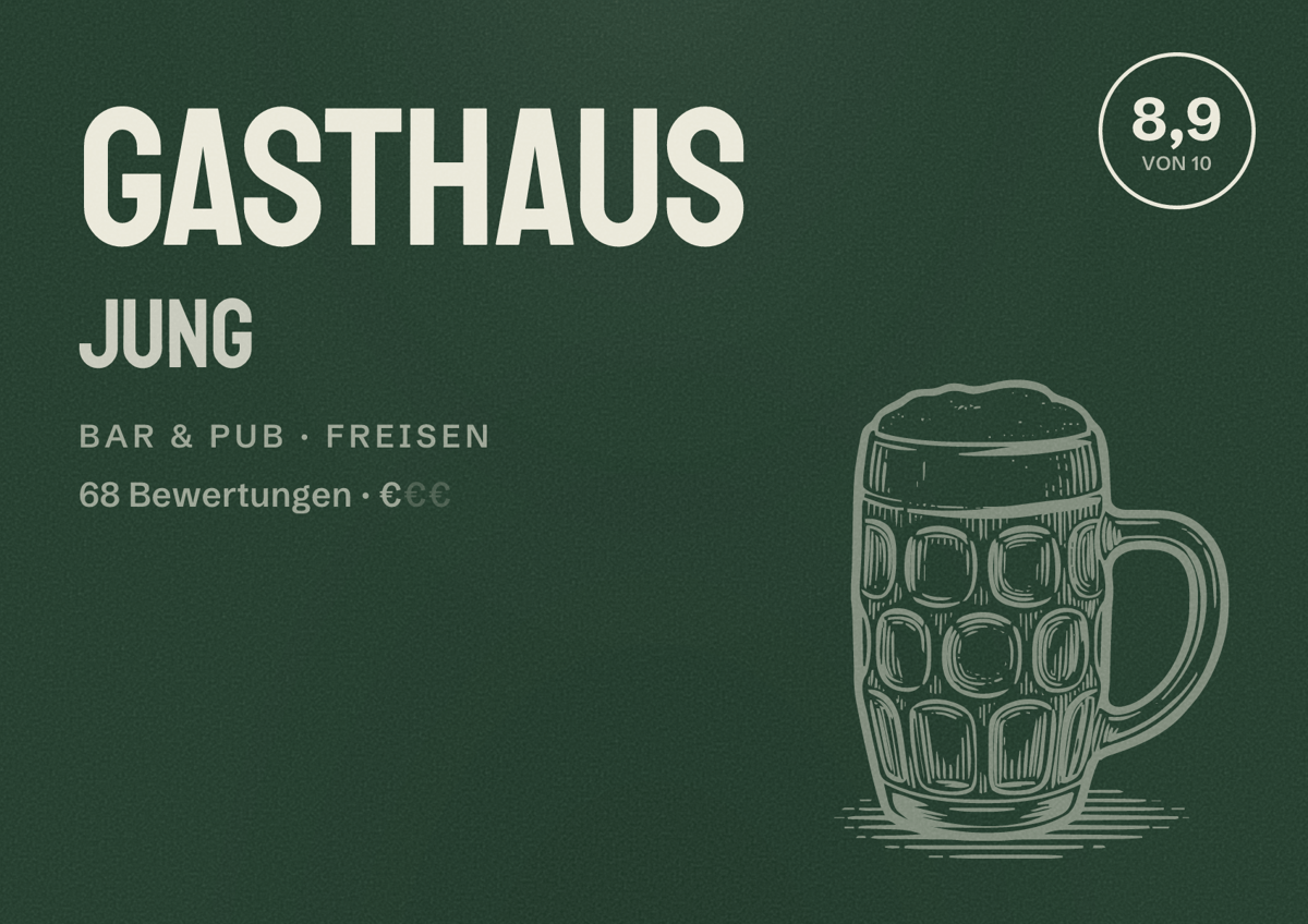 Illustriertes Poster von Gasthaus Jung, Bar & Pub in Freisen: Bewertung 8,9 von 10 aus 68 Bewertungen, Preisniveau €