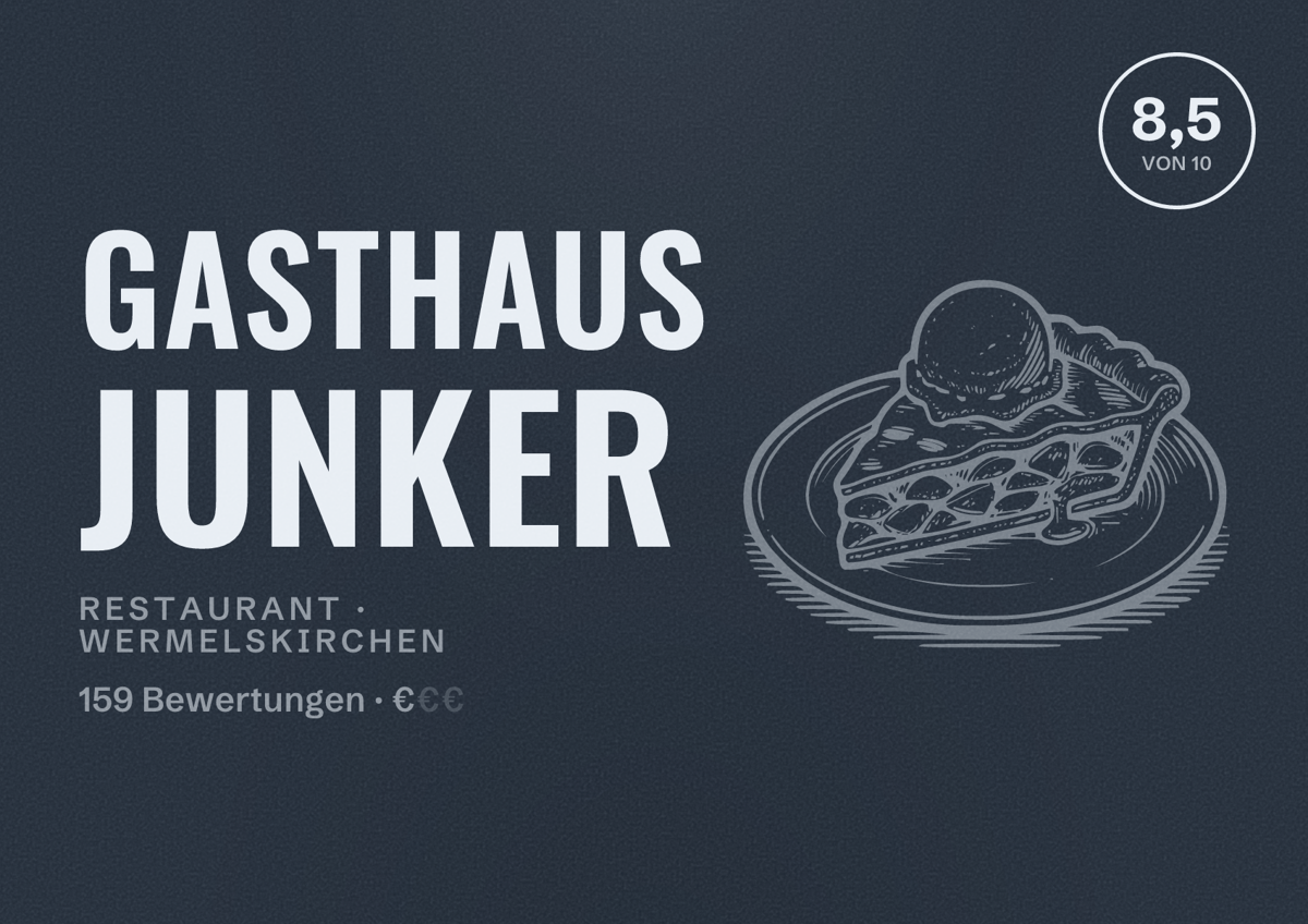 Illustriertes Poster von Gasthaus Junker, Restaurant in Wermelskirchen: Bewertung 8,5 von 10 aus 159 Bewertungen, Preisniveau €