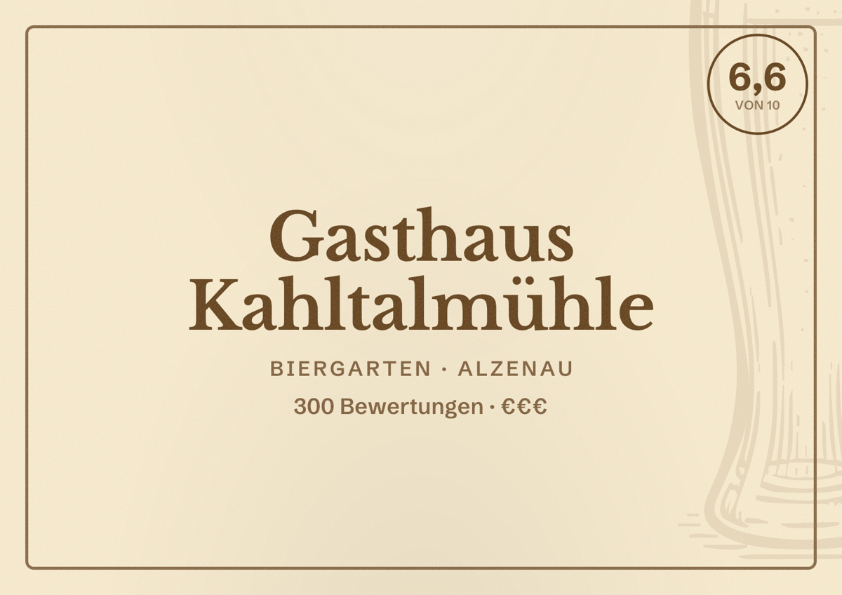 Illustriertes Poster von Gasthaus Kahltalmühle, Biergarten in Alzenau: Bewertung 6,6 von 10 aus 300 Bewertungen, Preisniveau €€€