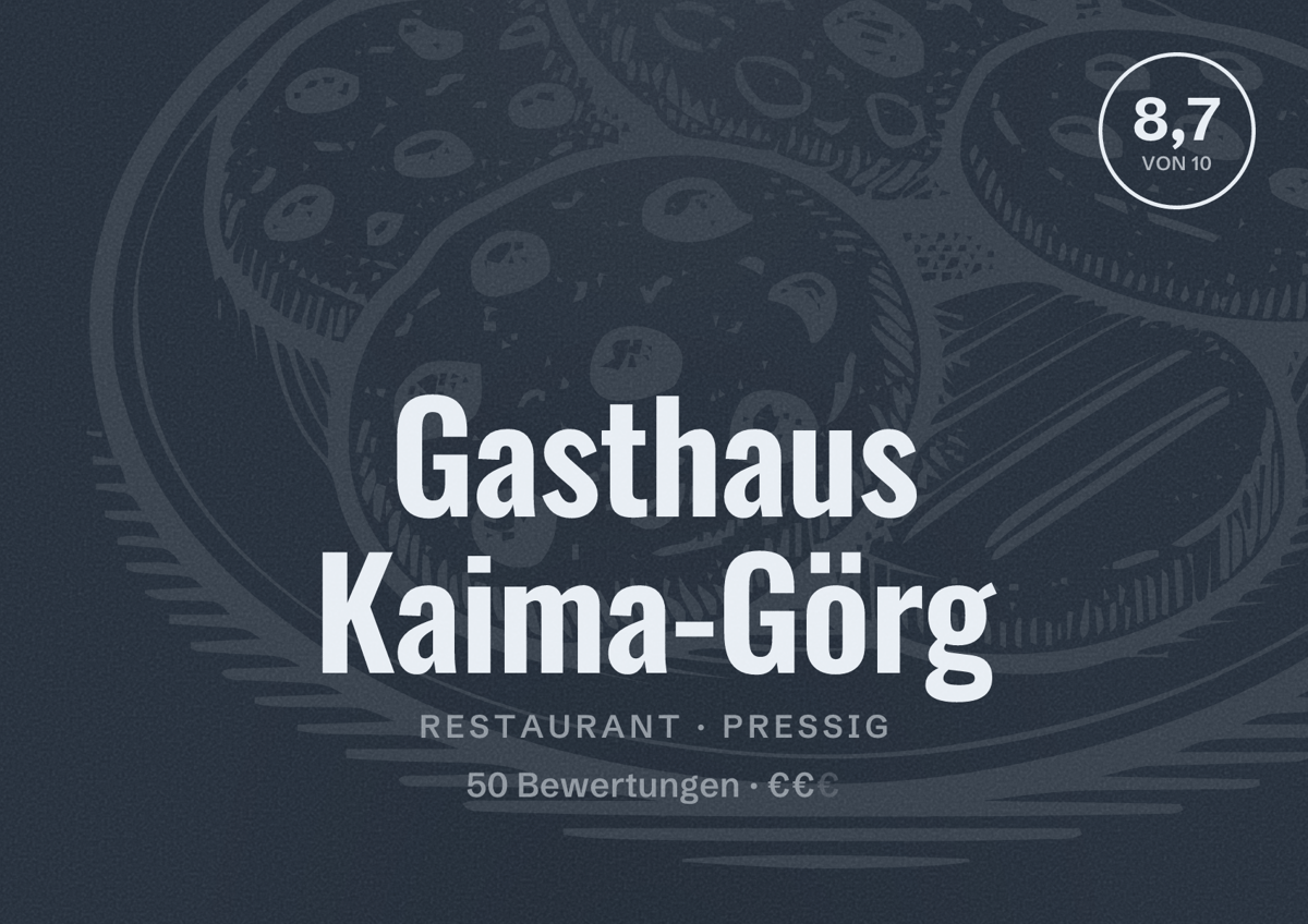 Illustriertes Poster von Gasthaus Kaima-Görg, Restaurant in Pressig: Bewertung 8,7 von 10 aus 50 Bewertungen, Preisniveau €€