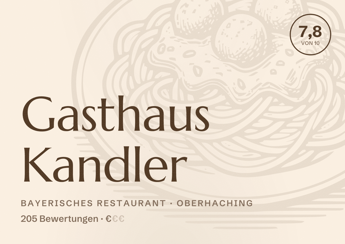 Illustriertes Poster von Gasthaus Kandler, Bayerisches Restaurant in Oberhaching: Bewertung 7,8 von 10 aus 205 Bewertungen, Preisniveau €
