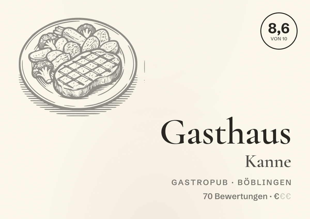 Illustriertes Poster von Gasthaus Kanne, Gastropub in Böblingen: Bewertung 8,6 von 10 aus 70 Bewertungen, Preisniveau €