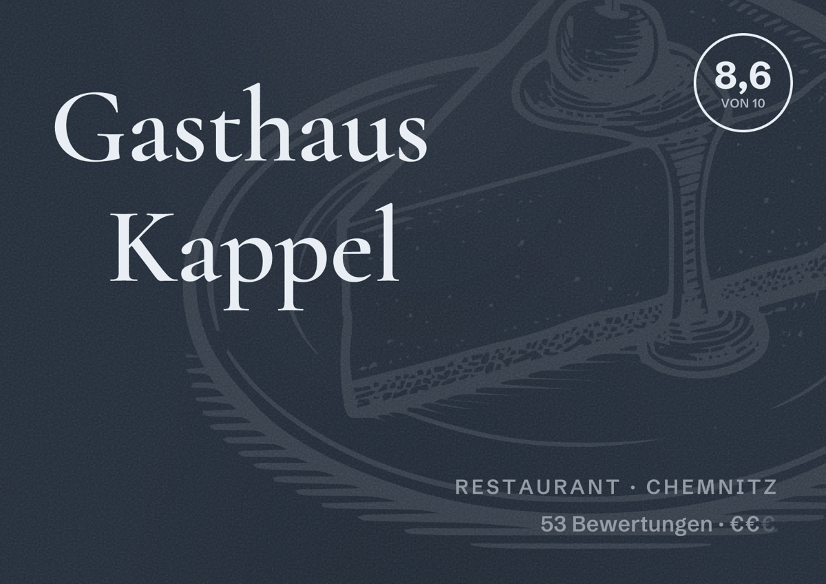 Illustriertes Poster von Gasthaus Kappel, Restaurant in Chemnitz: Bewertung 8,6 von 10 aus 53 Bewertungen, Preisniveau €€
