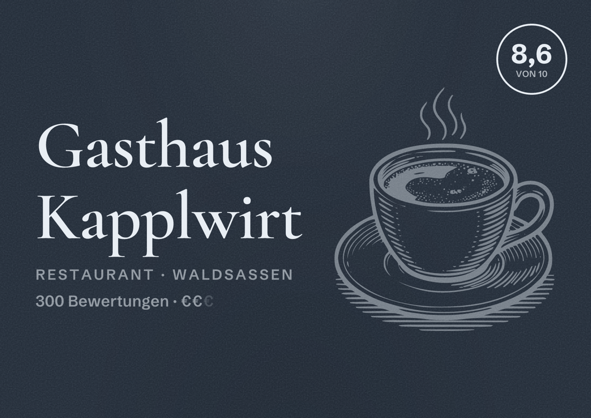 Illustriertes Poster von Gasthaus Kapplwirt, Restaurant in Waldsassen: Bewertung 8,6 von 10 aus 300 Bewertungen, Preisniveau €€