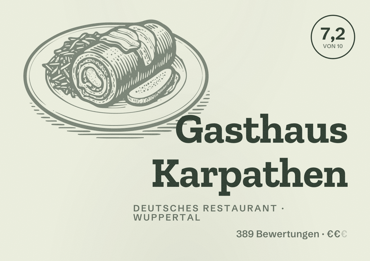 Illustriertes Poster von Gasthaus Karpathen, Deutsches Restaurant in Wuppertal: Bewertung 7,2 von 10 aus 389 Bewertungen, Preisniveau €€