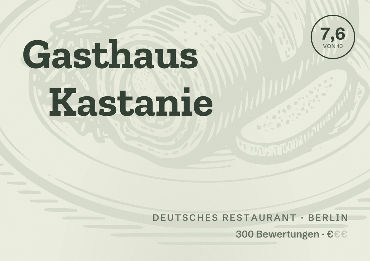 Illustriertes Poster von Gasthaus Kastanie, Deutsches Restaurant in Berlin: Bewertung 7,6 von 10 aus 300 Bewertungen, Preisniveau €