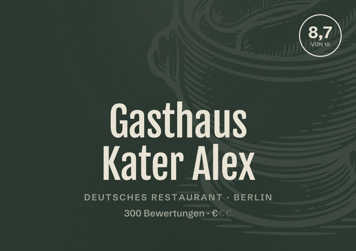 Illustriertes Poster von Gasthaus Kater Alex, Deutsches Restaurant in Berlin: Bewertung 8,7 von 10 aus 300 Bewertungen, Preisniveau €
