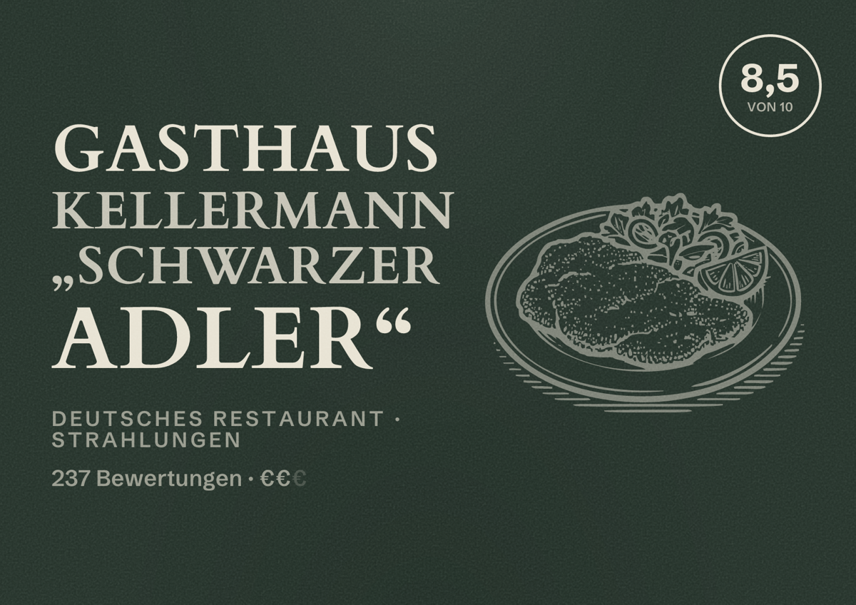 Illustriertes Poster von Gasthaus Kellermann „Schwarzer Adler“, Deutsches Restaurant in Strahlungen: Bewertung 8,5 von 10 aus 237 Bewertungen, Preisniveau €€