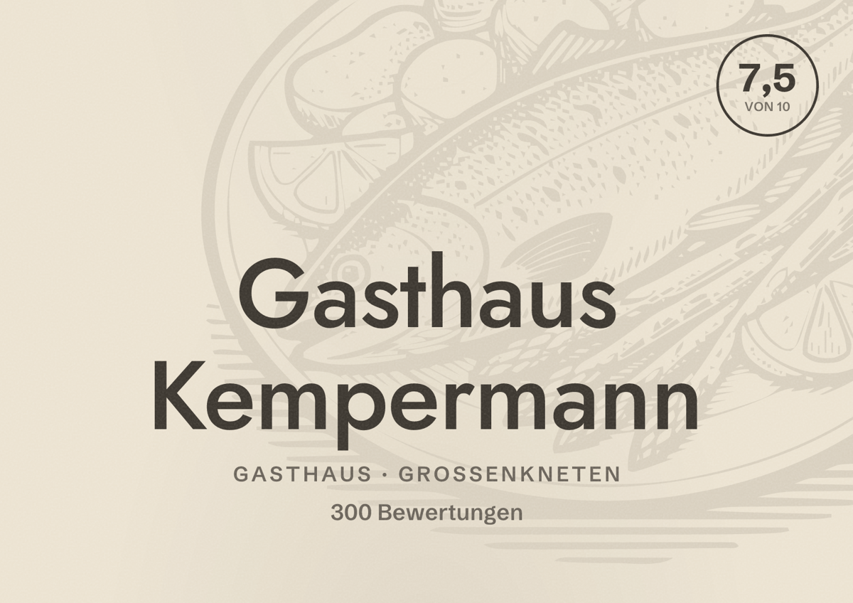 Illustriertes Poster von Gasthaus Kempermann, Gasthaus in Großenkneten: Bewertung 7,5 von 10 aus 300 Bewertungen