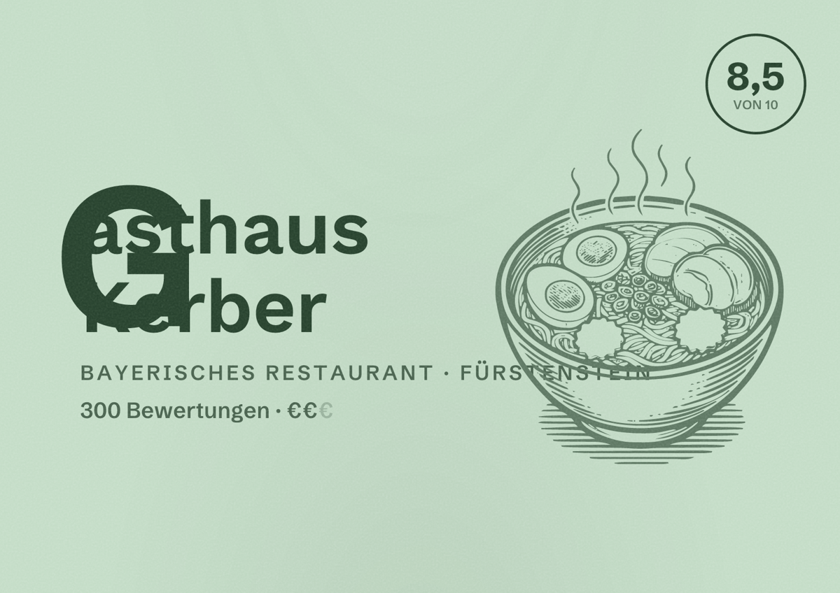 Illustriertes Poster von Gasthaus Kerber, Bayerisches Restaurant in Fürstenstein: Bewertung 8,5 von 10 aus 300 Bewertungen, Preisniveau €€
