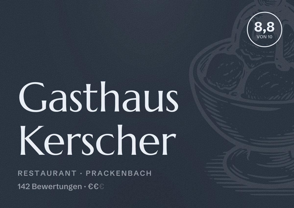 Illustriertes Poster von Gasthaus Kerscher, Restaurant in Prackenbach: Bewertung 8,8 von 10 aus 142 Bewertungen, Preisniveau €€