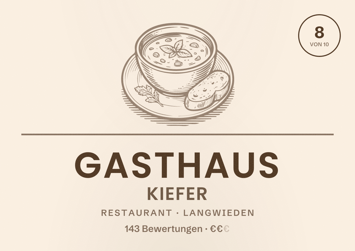 Illustriertes Poster von Gasthaus Kiefer, Restaurant in Langwieden: Bewertung 8 von 10 aus 143 Bewertungen, Preisniveau €€