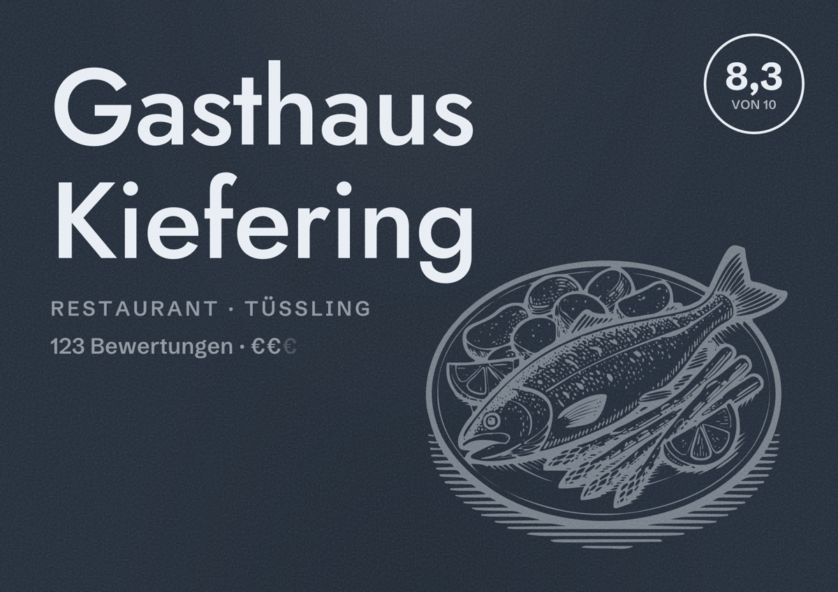 Illustriertes Poster von Gasthaus Kiefering, Restaurant in Tüßling: Bewertung 8,3 von 10 aus 123 Bewertungen, Preisniveau €€