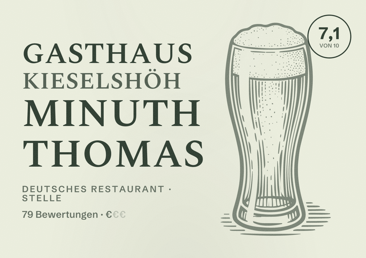 Illustriertes Poster von Gasthaus Kieselshöh Minuth Thomas, Deutsches Restaurant in Stelle: Bewertung 7,1 von 10 aus 79 Bewertungen, Preisniveau €