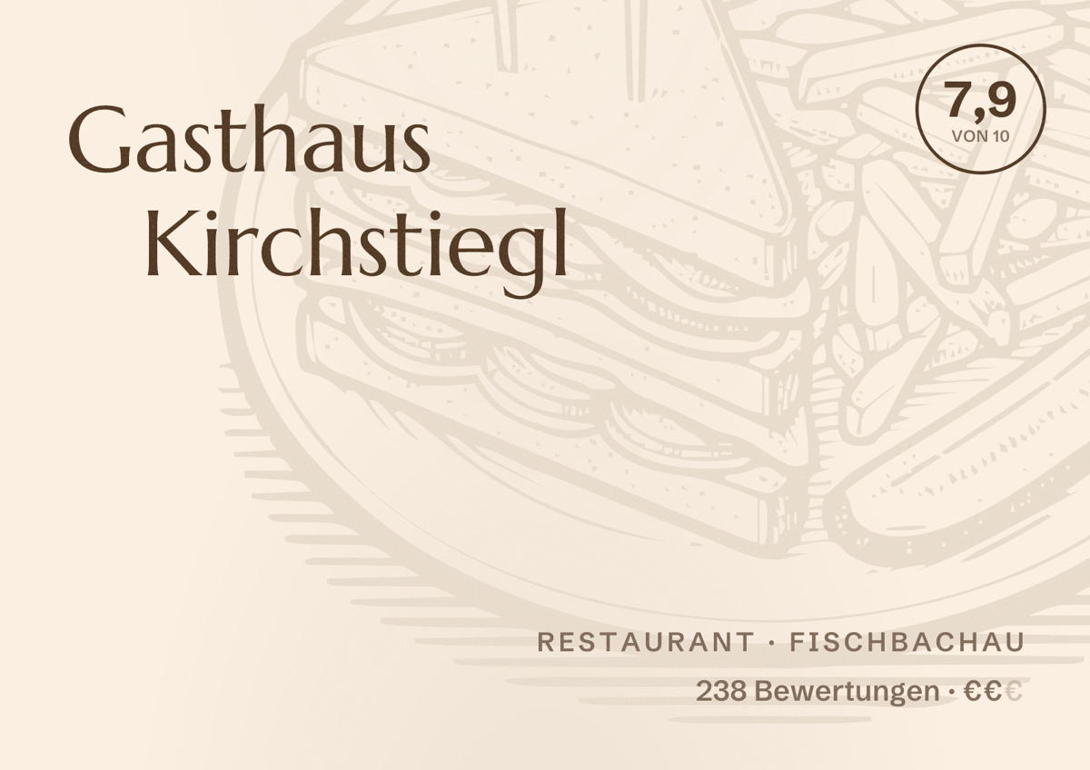 Illustriertes Poster von Gasthaus Kirchstiegl, Restaurant in Fischbachau: Bewertung 7,9 von 10 aus 238 Bewertungen, Preisniveau €€