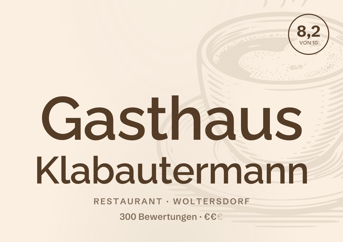 Illustriertes Poster von Gasthaus Klabautermann, Restaurant in Woltersdorf: Bewertung 8,2 von 10 aus 300 Bewertungen, Preisniveau €€