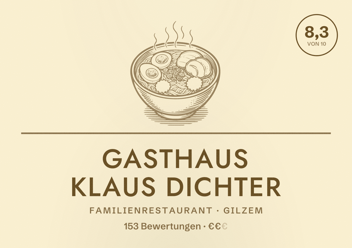 Illustriertes Poster von Gasthaus Klaus Dichter, Familienrestaurant in Gilzem: Bewertung 8,3 von 10 aus 153 Bewertungen, Preisniveau €€