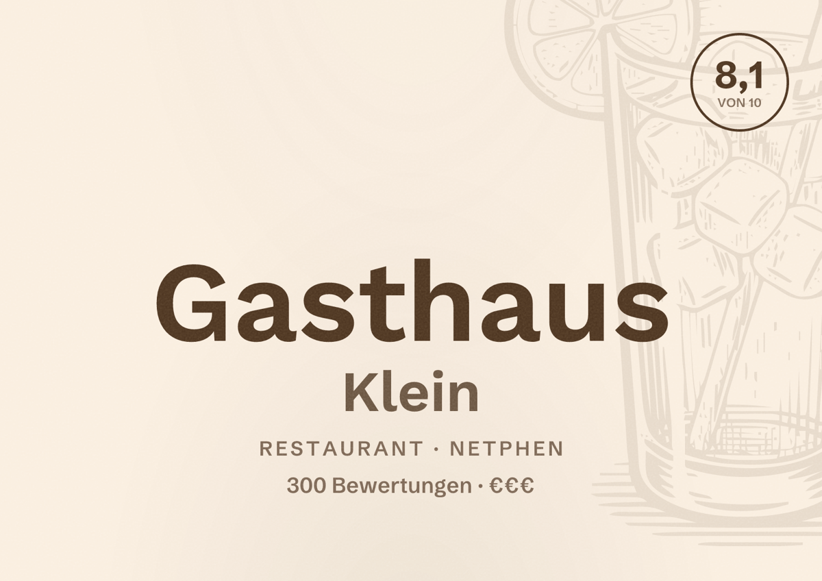 Illustriertes Poster von Gasthaus Klein, Restaurant in Netphen: Bewertung 8,1 von 10 aus 300 Bewertungen, Preisniveau €€€