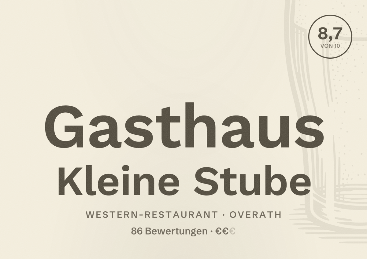 Illustriertes Poster von Gasthaus Kleine Stube, Western-Restaurant in Overath: Bewertung 8,7 von 10 aus 86 Bewertungen, Preisniveau €€