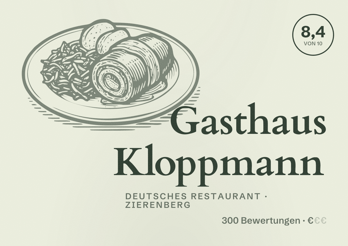 Illustriertes Poster von Gasthaus Kloppmann, Deutsches Restaurant in Zierenberg: Bewertung 8,4 von 10 aus 300 Bewertungen, Preisniveau €