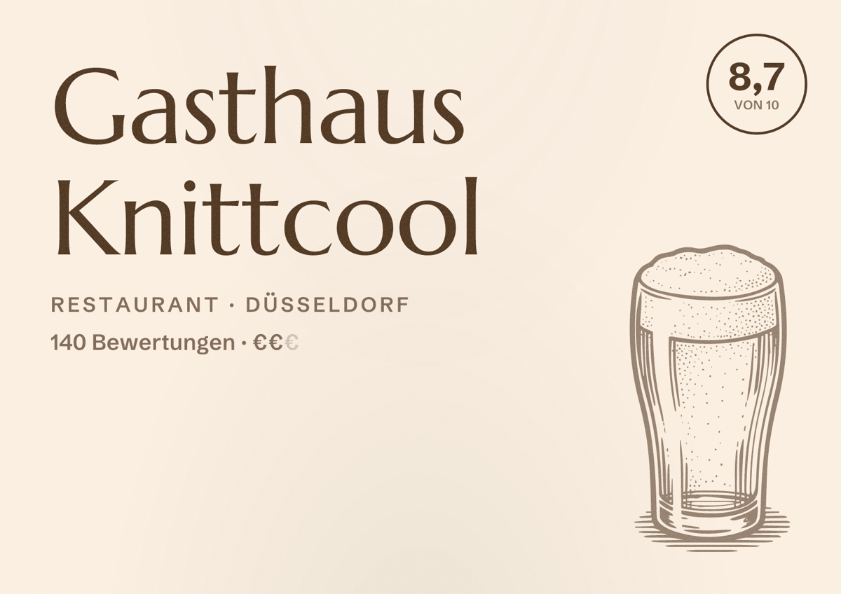 Illustriertes Poster von Gasthaus Knittcool, Restaurant in Düsseldorf: Bewertung 8,7 von 10 aus 140 Bewertungen, Preisniveau €€