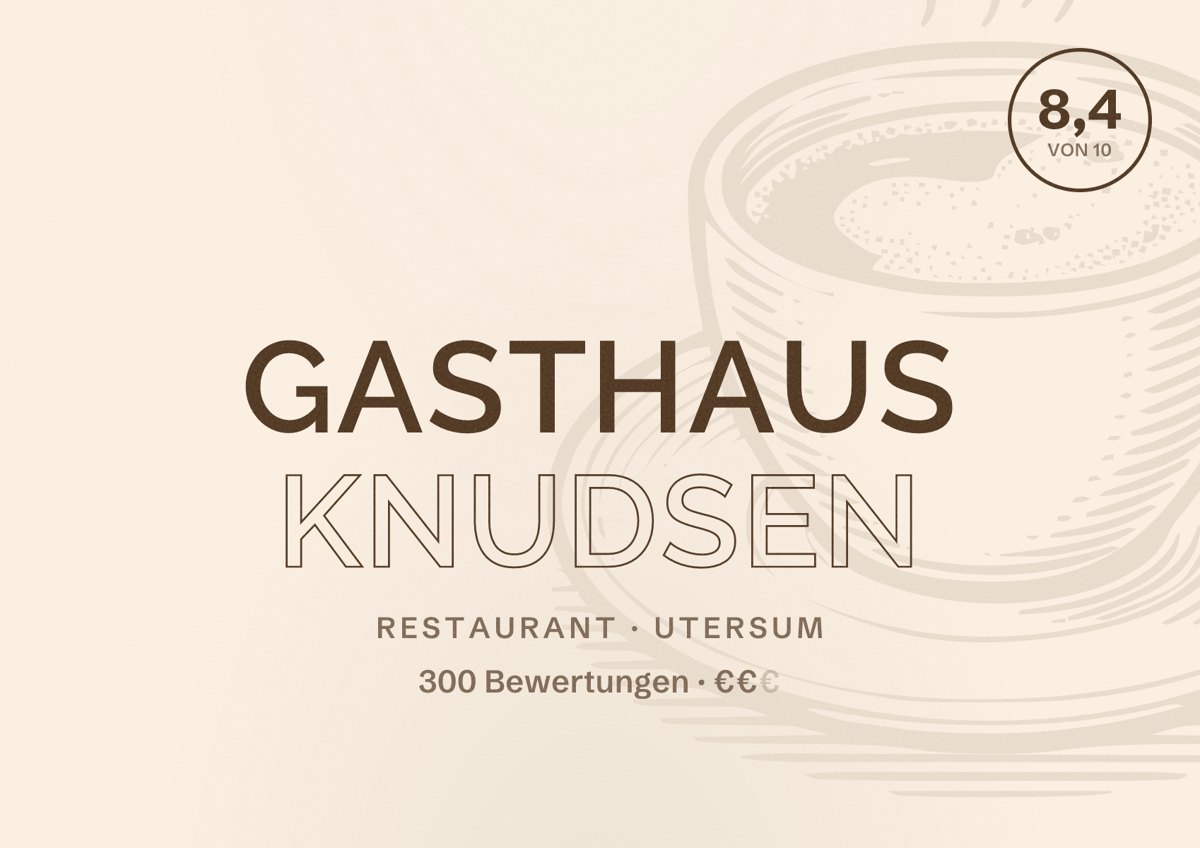 Illustriertes Poster von Gasthaus Knudsen, Restaurant in Utersum: Bewertung 8,4 von 10 aus 300 Bewertungen, Preisniveau €€