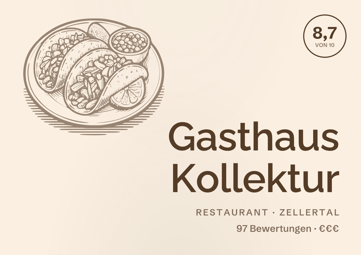 Illustriertes Poster von Gasthaus Kollektur, Restaurant in Zellertal: Bewertung 8,7 von 10 aus 97 Bewertungen, Preisniveau €€€