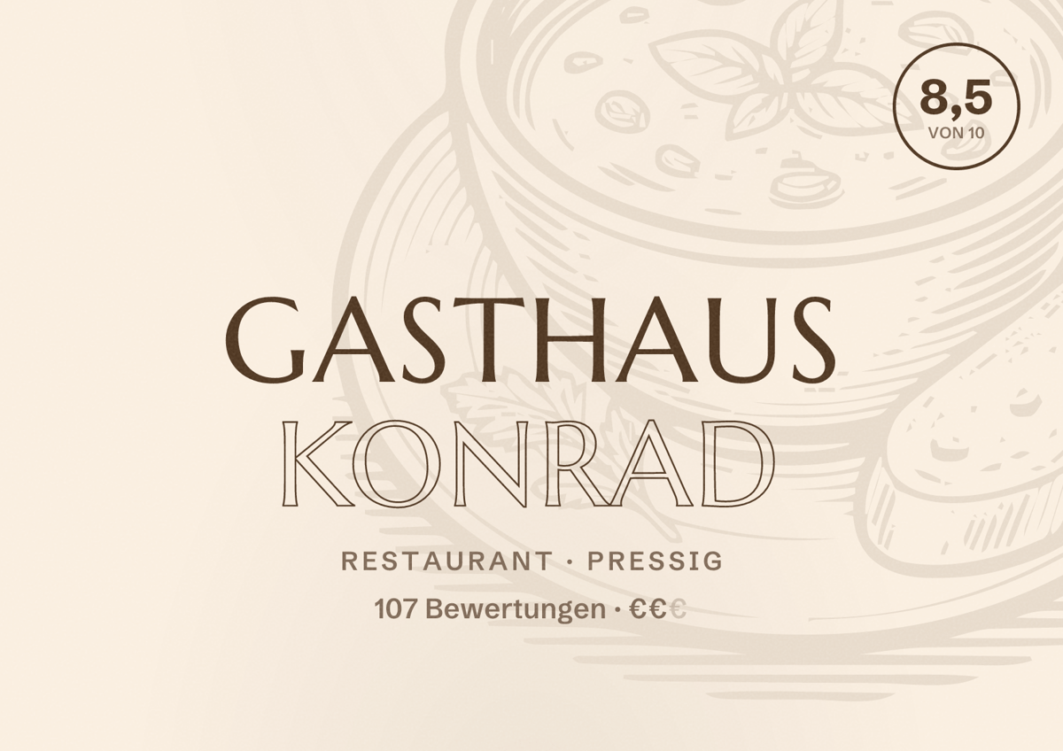 Illustriertes Poster von Gasthaus Konrad, Restaurant in Pressig: Bewertung 8,5 von 10 aus 107 Bewertungen, Preisniveau €€