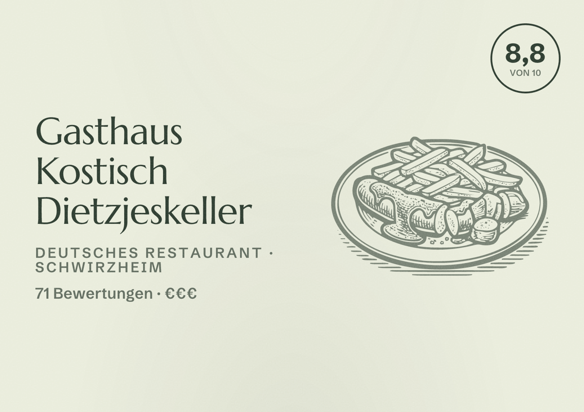 Illustriertes Poster von Gasthaus Kostisch Dietzjeskeller, Deutsches Restaurant in Schwirzheim: Bewertung 8,8 von 10 aus 71 Bewertungen, Preisniveau €€€