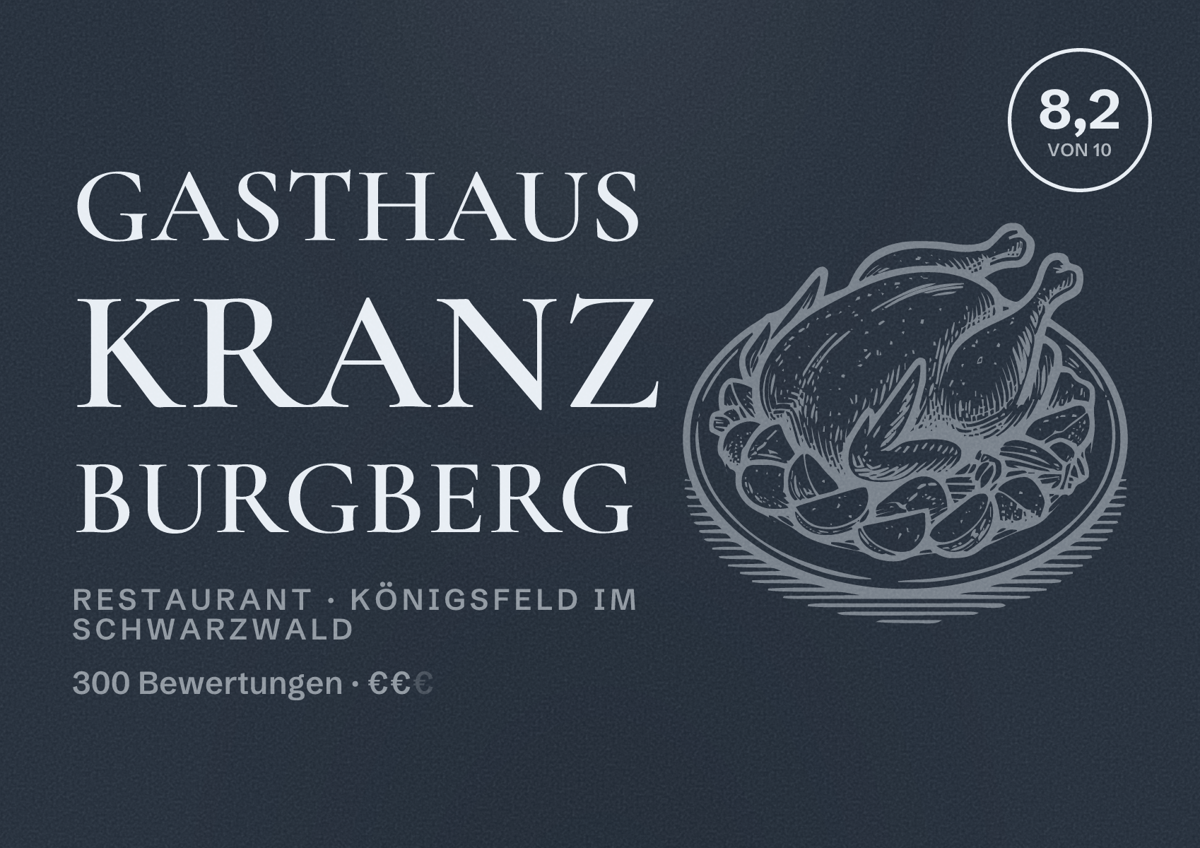 Illustriertes Poster von Gasthaus Kranz Burgberg, Restaurant in Königsfeld im Schwarzwald: Bewertung 8,2 von 10 aus 300 Bewertungen, Preisniveau €€