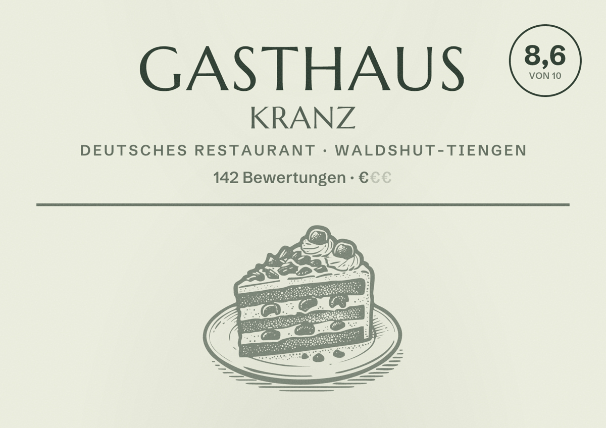Illustriertes Poster von Gasthaus Kranz, Deutsches Restaurant in Waldshut-Tiengen: Bewertung 8,6 von 10 aus 142 Bewertungen, Preisniveau €