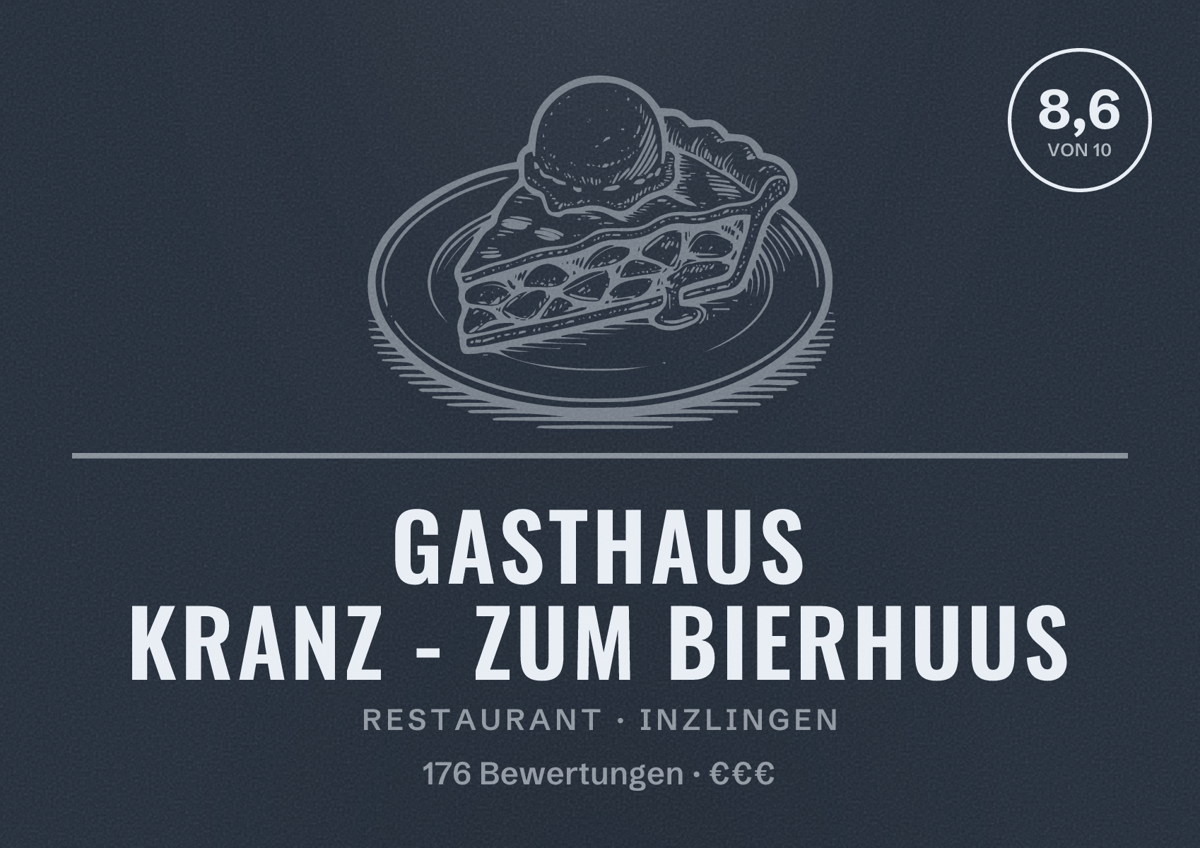 Illustriertes Poster von Gasthaus KRANZ - zum Bierhuus, Restaurant in Inzlingen: Bewertung 8,6 von 10 aus 176 Bewertungen, Preisniveau €€€