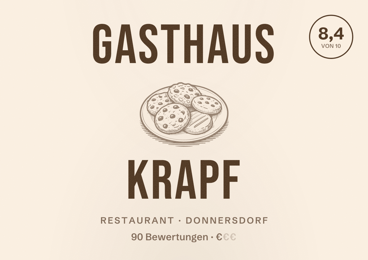 Illustriertes Poster von Gasthaus Krapf, Restaurant in Donnersdorf: Bewertung 8,4 von 10 aus 90 Bewertungen, Preisniveau €