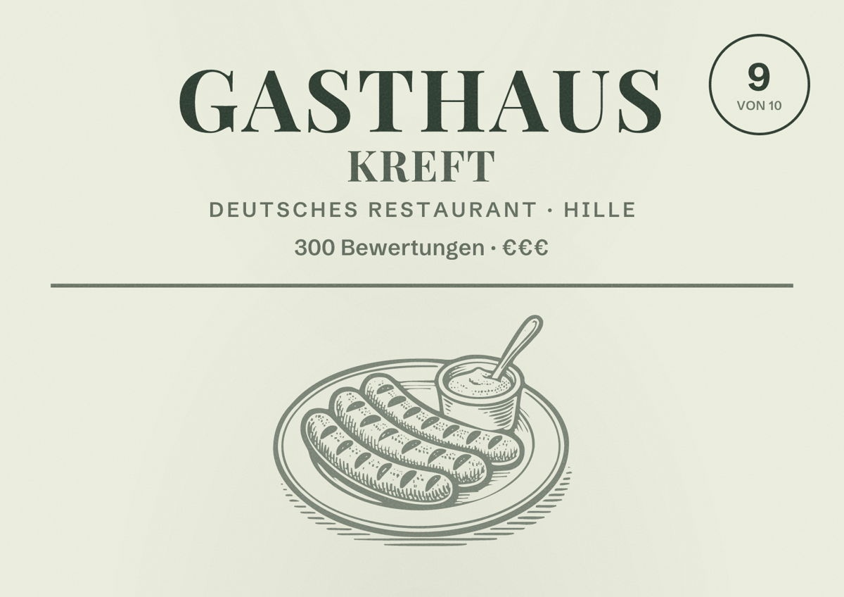 Illustriertes Poster von Gasthaus Kreft, Deutsches Restaurant in Hille: Bewertung 9 von 10 aus 300 Bewertungen, Preisniveau €€€