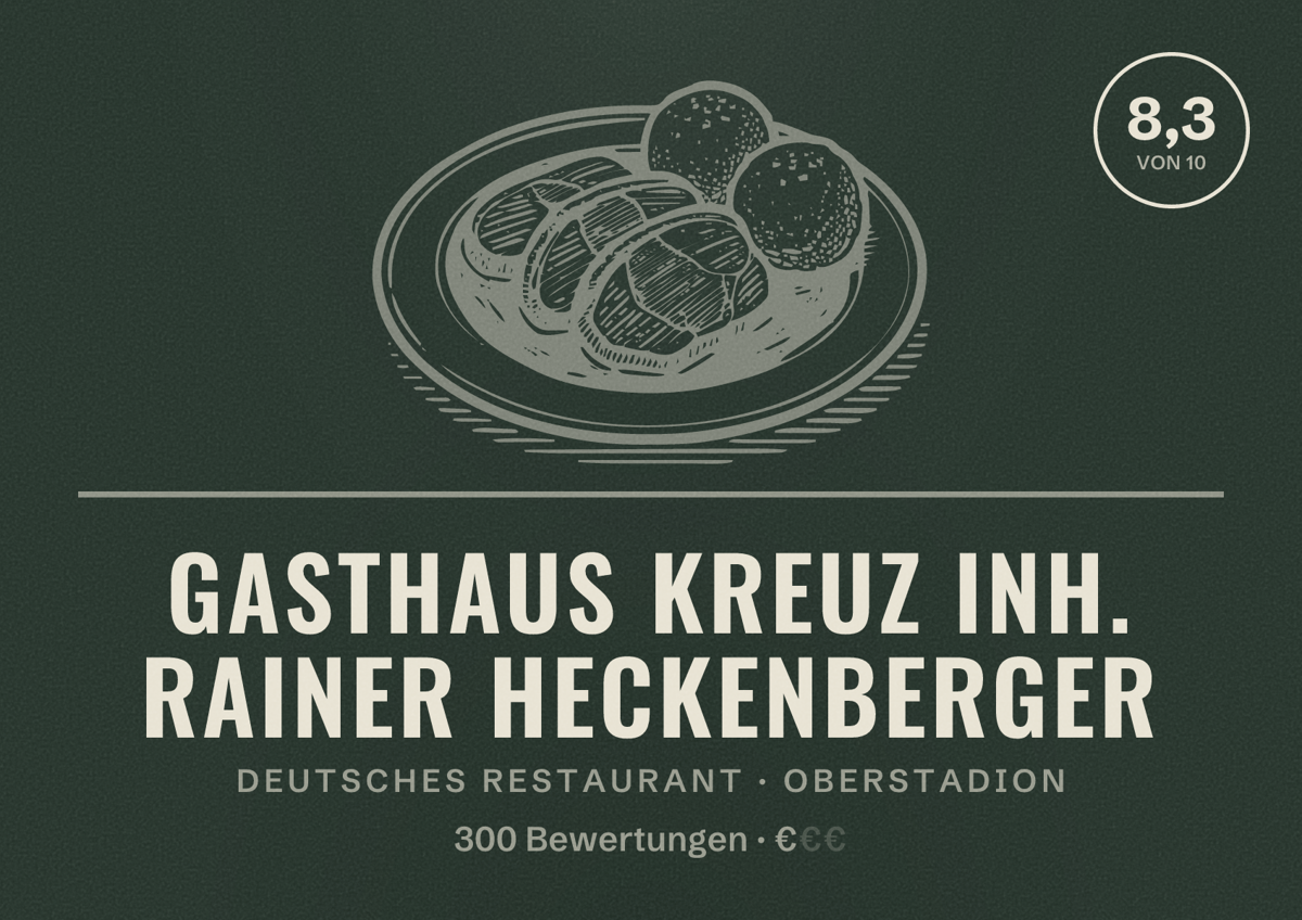 Illustriertes Poster von Gasthaus Kreuz Inh. Rainer Heckenberger, Deutsches Restaurant in Oberstadion: Bewertung 8,3 von 10 aus 300 Bewertungen, Preisniveau €