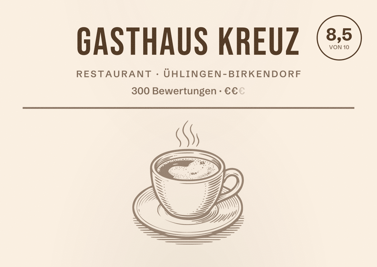 Illustriertes Poster von Gasthaus Kreuz, Restaurant in Ühlingen-Birkendorf: Bewertung 8,5 von 10 aus 300 Bewertungen, Preisniveau €€