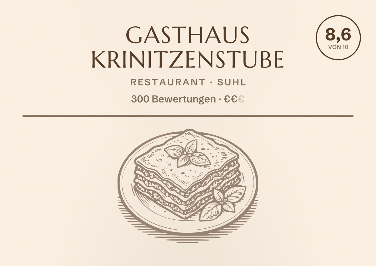 Illustriertes Poster von Gasthaus Krinitzenstube, Restaurant in Suhl: Bewertung 8,6 von 10 aus 300 Bewertungen, Preisniveau €€