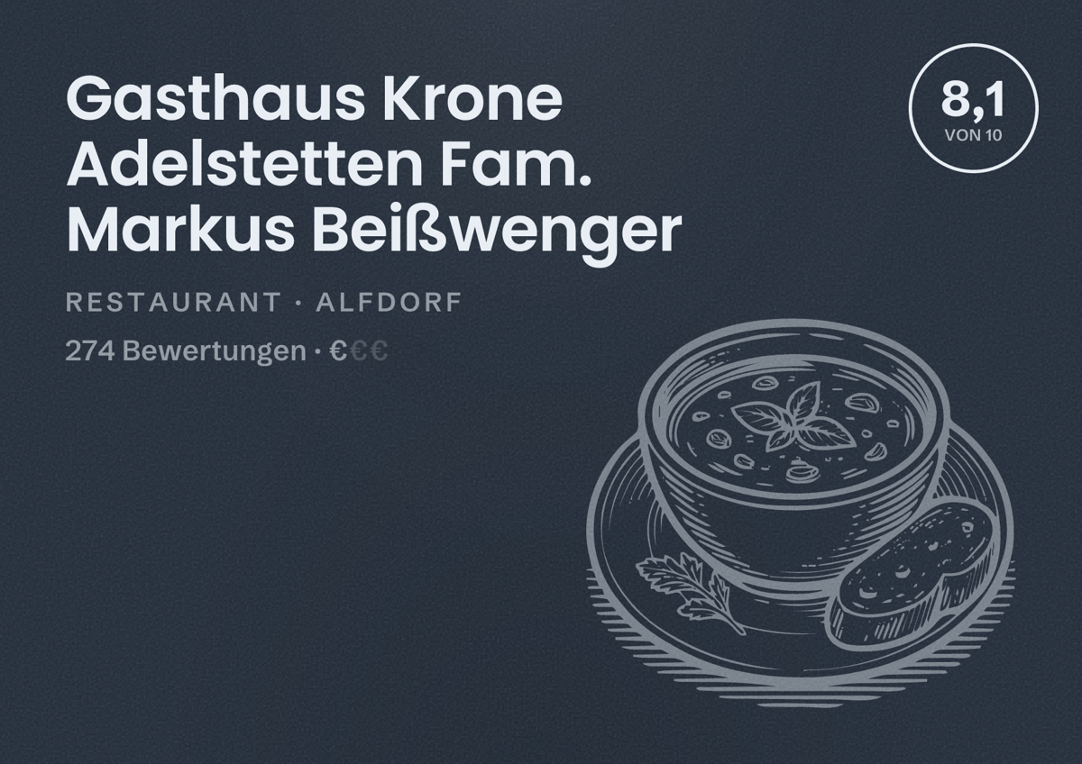 Illustriertes Poster von Gasthaus Krone Adelstetten Fam. Markus Beißwenger, Restaurant in Alfdorf: Bewertung 8,1 von 10 aus 274 Bewertungen, Preisniveau €