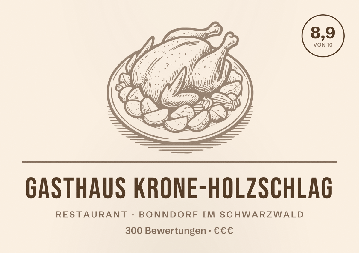Illustriertes Poster von Gasthaus Krone-Holzschlag, Restaurant in Bonndorf im Schwarzwald: Bewertung 8,9 von 10 aus 300 Bewertungen, Preisniveau €€€