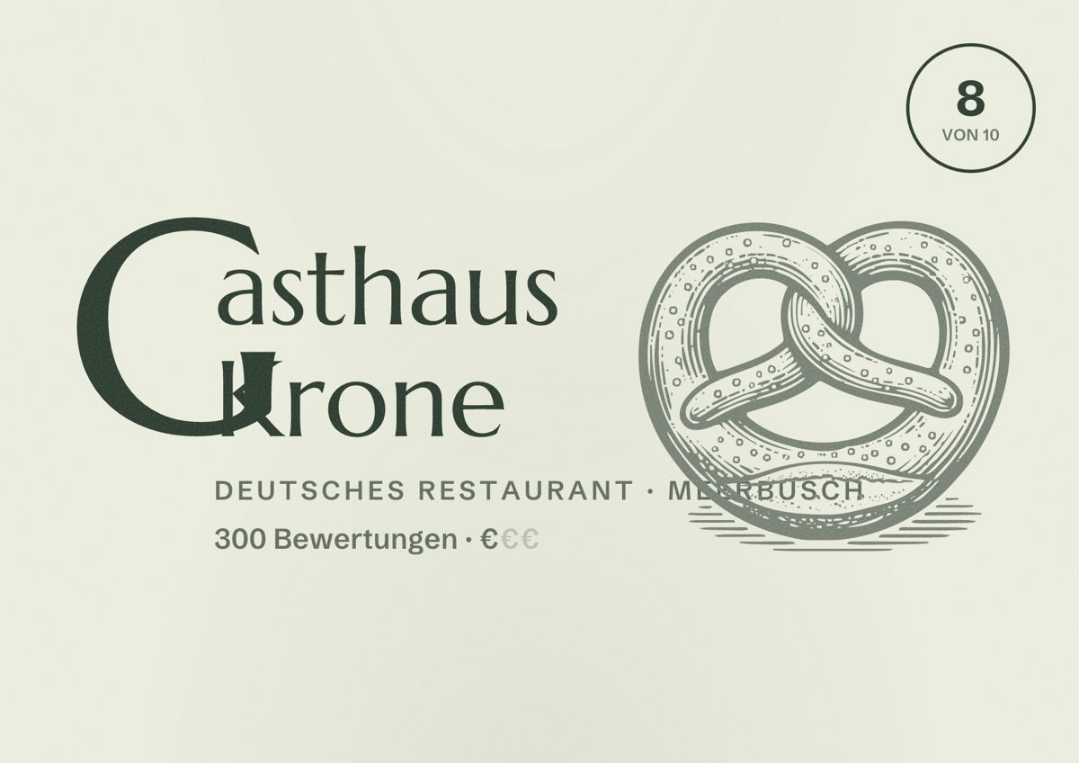 Illustriertes Poster von Gasthaus Krone, Deutsches Restaurant in Meerbusch: Bewertung 8 von 10 aus 300 Bewertungen, Preisniveau €