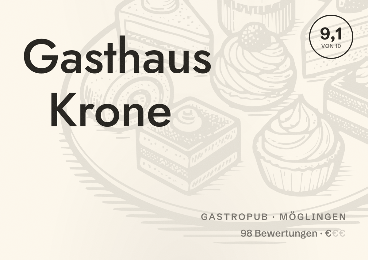 Illustriertes Poster von Gasthaus Krone, Gastropub in Möglingen: Bewertung 9,1 von 10 aus 98 Bewertungen, Preisniveau €